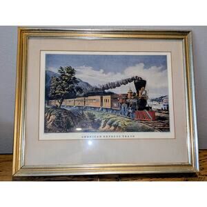 VTG 1884 Framed Currier & Ives Litho Print 'American Express Train' Under Glass